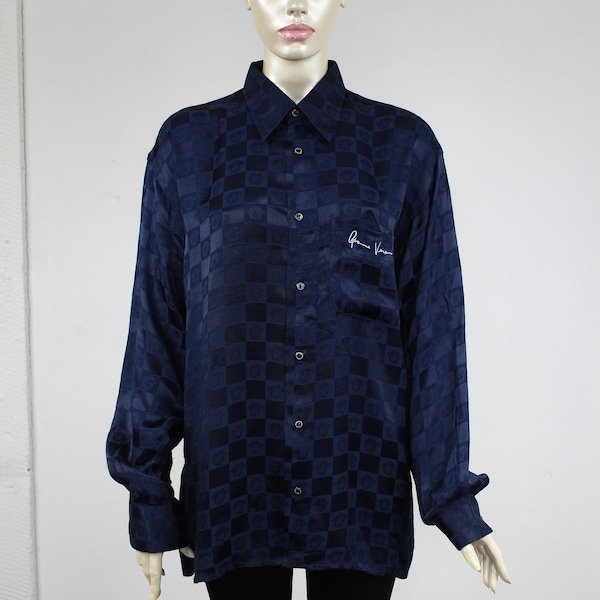 Shirt VERSACE Blouse 80s Navy Blue Collar Shirt Mens 1980s Gianni Versace Long Sleeve Checkered  Womens Size : M L XL