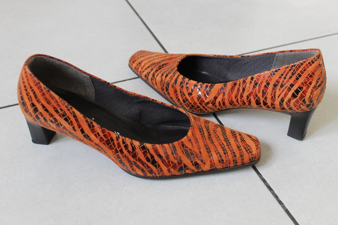 Tiger Print Shoes Vintage Pumps Leather Squared Mid Heel Court - Etsy