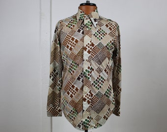 Psychedelic Shirt 70s Hippie Shirt Vintage Brown Green Beige Bohemian Button Up Long Sleeve Geometric I  Disco Shirt Size: M Medium