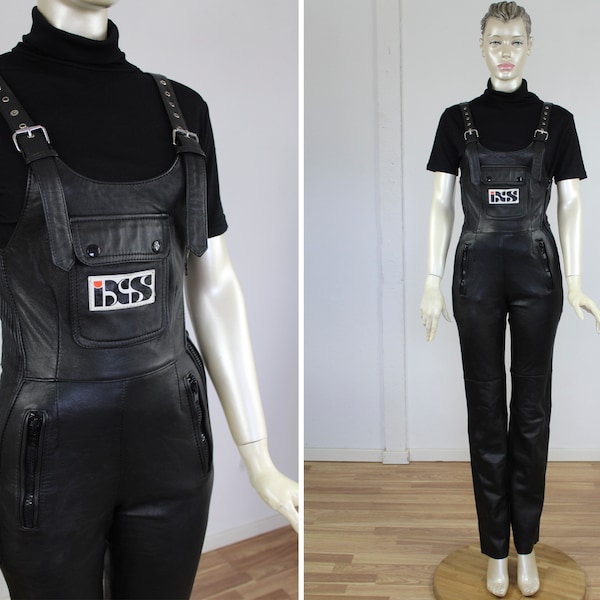 Black Leather Dungaree 90s Overalls Biker Womens Pants Motorcycle Vintage Ladies Trousers Racer Genuine Leather Real Small S / M DEADSTOCK