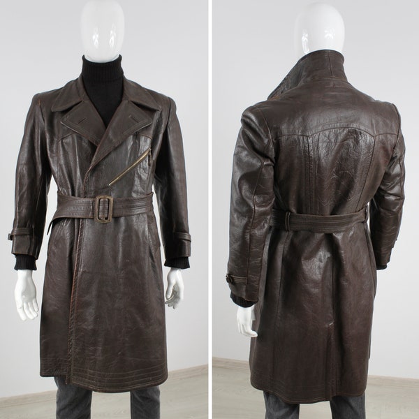 Motorcycle Long Coat 50s Brown leather 1950s Jacket Moto w/ Belt Trenchcoat Dispatch Rider Coat Leather Size  Medium / Large