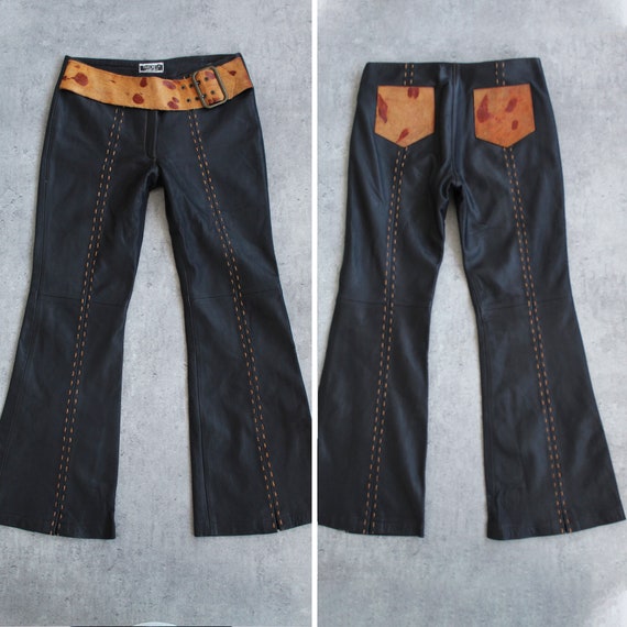 Leather Bell Bottom Pants 70s Black Pants Belt Br… - image 1