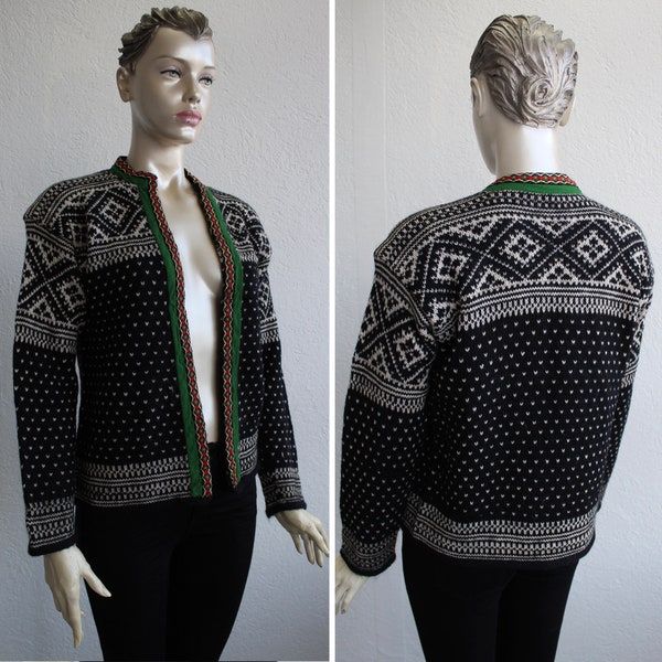 Cárdigan de lana 70s Lana Nórdica Negro Blanco Fair Isle Suéter Gucci estilo Vintage Prendas de punto Clásico Estampado Geométrico Cálido Invierno Jersey S