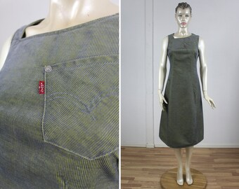 LEVIS Strappy Corduroy Dress Y2K Pinafore Jumper Style Midi Dress Levis Engineered Green Grey Chameleon Dress Sleeveless Size Extra Small