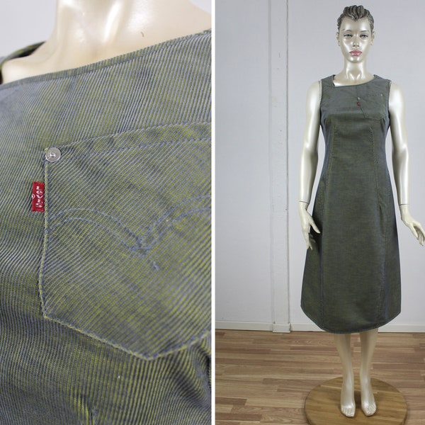 LEVIS Riemchen Cord Kleid Y2K Schürzen Jumper Stil Midi Kleid Levis Engineered Grün Grau Chamäleon Kleid Ärmellos Größe Extra Klein