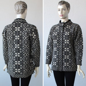 Wool Cardigan 80s Nordic Wool Black White Fair Isle Sweater Button up Vintage Knitwear Classic Geometric Print 1980s Warm Winter Pullover S image 1