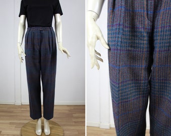 Escada Check Tartan Wool Trousers 90s Pants Straight Leg Pants High Waisted 1990s Brown Blue Formal Vintage Creased Pleated Pants 36 Small