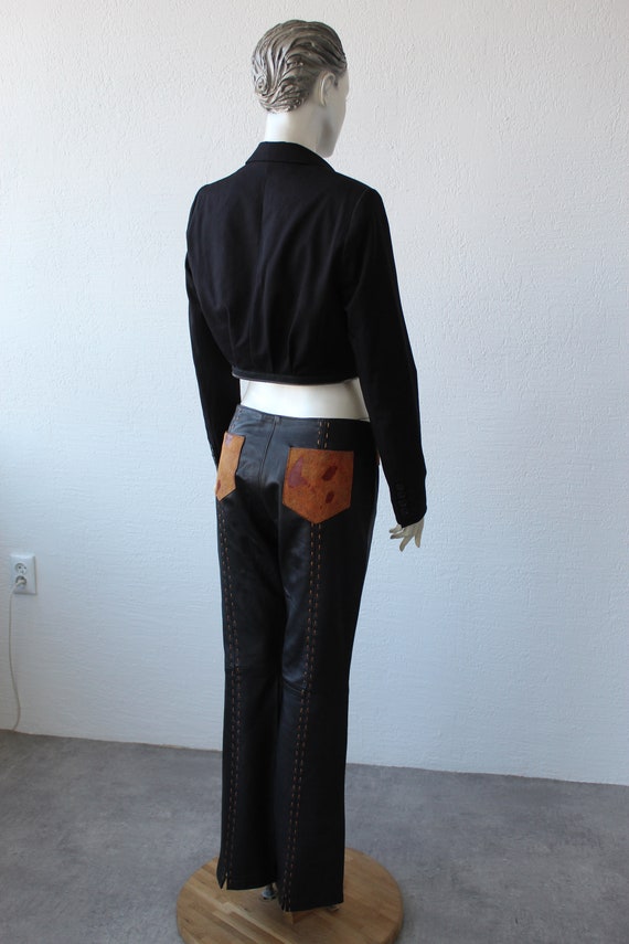 Leather Bell Bottom Pants 70s Black Pants Belt Br… - image 3