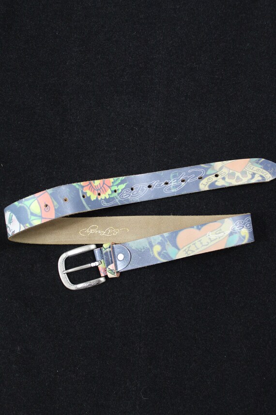 ED HARDY Belt Y2K Tattoo Print Blue Colorful Flor… - image 1