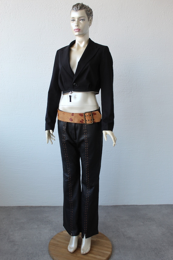 Leather Bell Bottom Pants 70s Black Pants Belt Br… - image 2