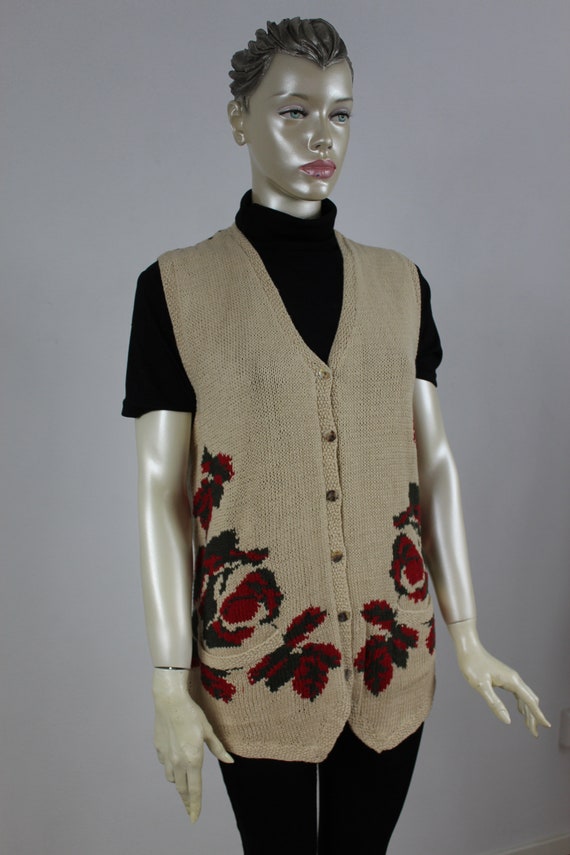 Floral Sweater Vest 90s Beige Floral Embroidered … - image 3