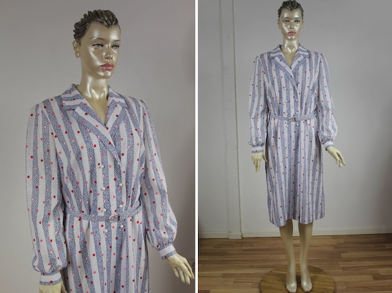 Striped Dress 80s White Blue Red Multicolor Patte… - image 1