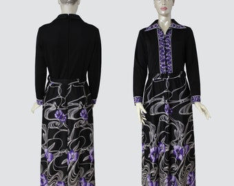 Vintage 70s Full Length Black Long Dress Black White Floral Dress Maxi Size Large