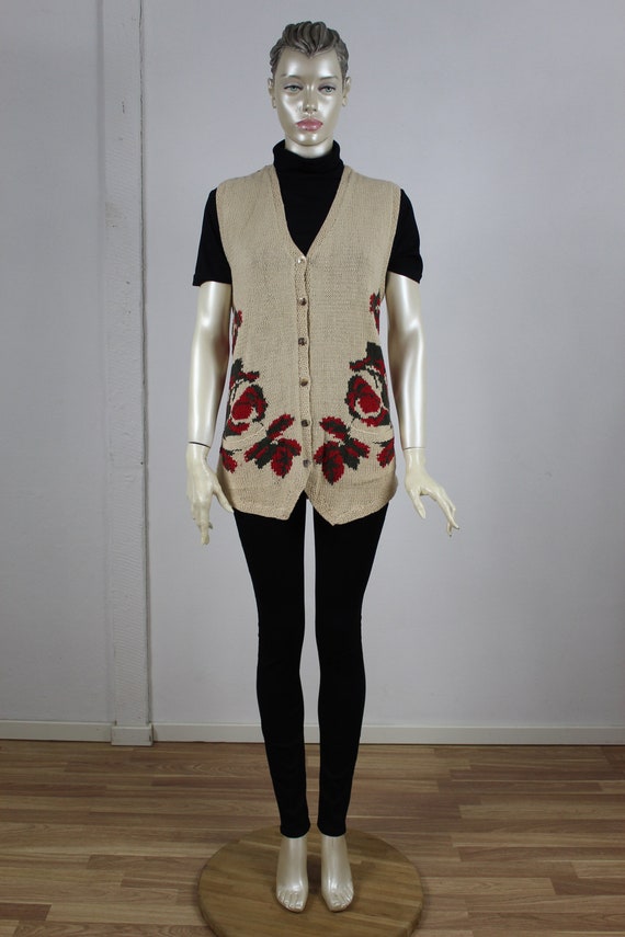 Floral Sweater Vest 90s Beige Floral Embroidered … - image 1