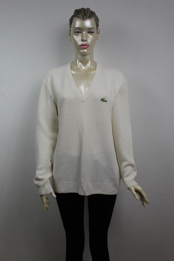 Lacoste White Sweater 80s Pullover V Neck Boyfrien