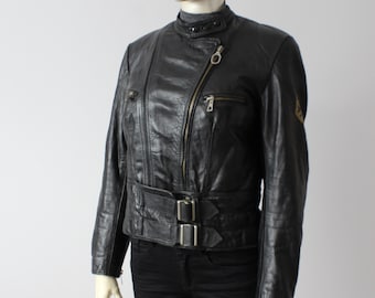 Rare Vintage 70s Cafe Racer Motorcycle Leather Jacket Cropped Black Leather Harro Rocker Biker Pockets Lining Sherpa Winter Womens M / Large