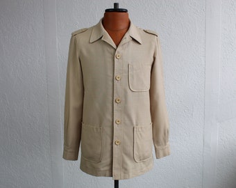 Aquascutum Beige Jacket 60s Over Shirt Safari DEADSTOCK Blazer Silk Tan Retro Plain Button Up Long Sleeve Patch Pockets Vintage Men's Small