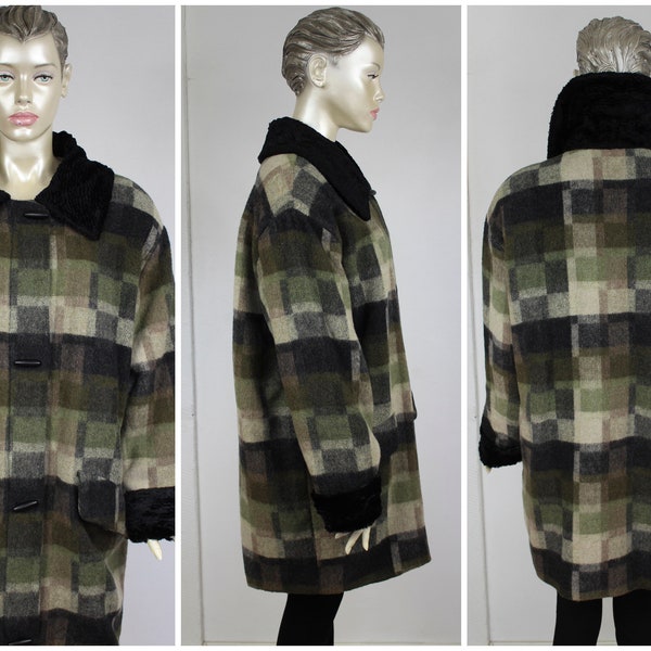 Large / XL 80s Wool Camuflage Jacket / Duffle Coat Noir marron et plaid vert mousse / Manteau Deadstock