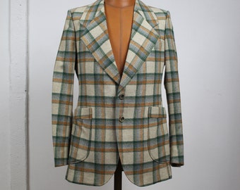 Tartan Blazer 70s Green Orange Beige Check Wool Tweed Mod Jacket Preppy Professor Coat Office Professional Basic Plaid Vintage 1980s Small