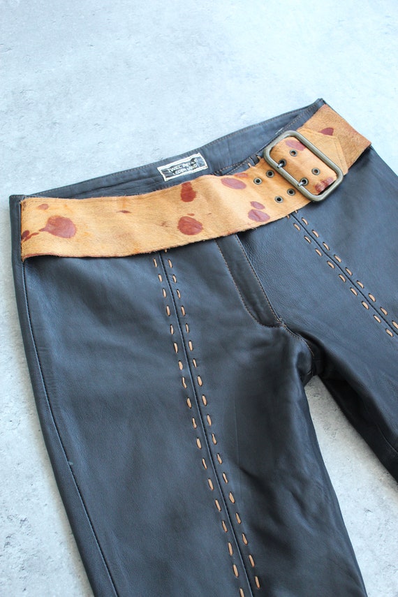 Leather Bell Bottom Pants 70s Black Pants Belt Br… - image 5