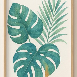 Tropical Monstera & Palm Leaf Watercolor Print – Blue Green Botanical Wall Art – 8x10 Digital Download
