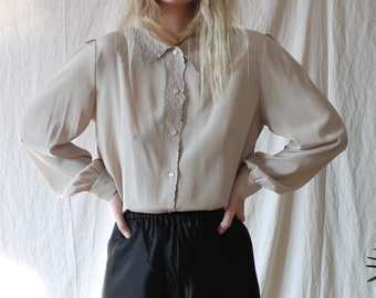 prairie blouse 1980s light taupe beige color silky light weight blouse with tie and buttons cowgirl western