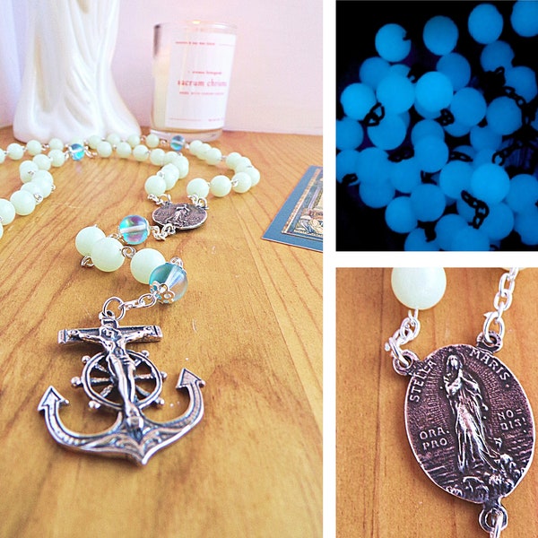 STERLING SILVER Our Lady Star of the Sea (Stella Maris) Luminescent Glow in the Dark Rosary