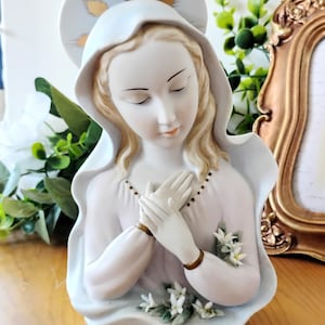 Vintage 1950s Virgin Mary Porcelain Statue With Lilies (Repaired)