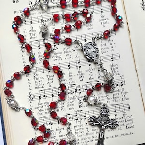 Sacred Heart of Jesus Rosary Made with Red Glass Beads