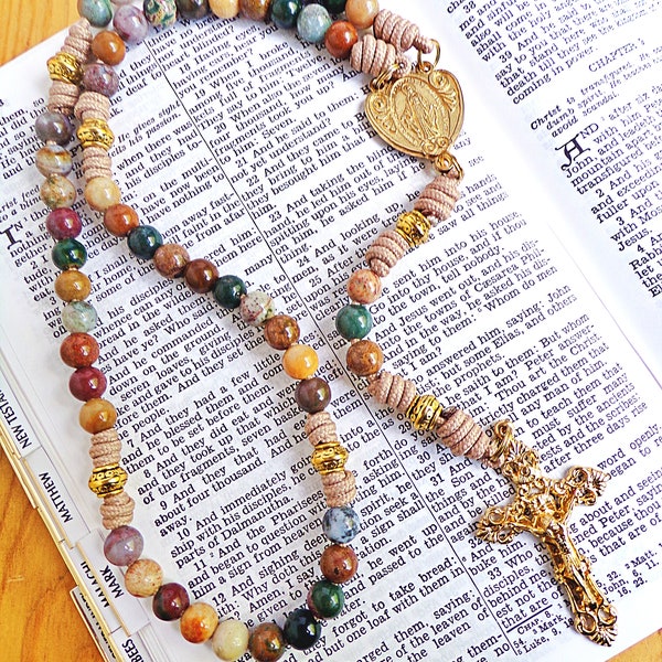 Miraculous Medal Paracord Rosary Made With Ocean Jasper Gemstone Beads
