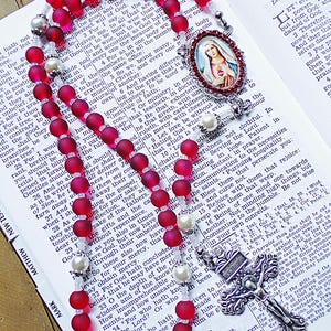 Immaculate Heart of Mary Rosary Made With Red Glass Beads