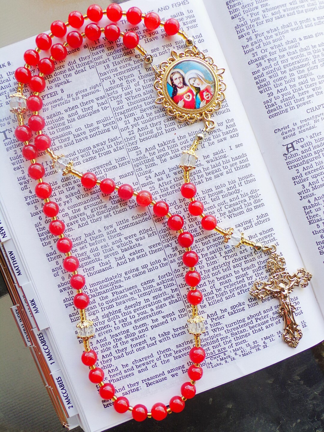 Red Jade Rosary: Sacred Heart & Immaculate Heart of Mary - Etsy