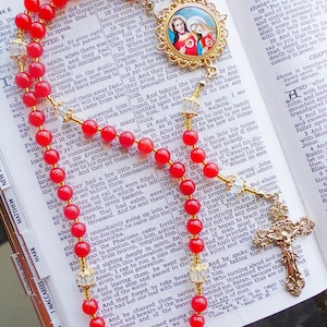 Sacred Heart of Jesus and Immaculate Heart of Mary Rosary Made With Red Jade Beads