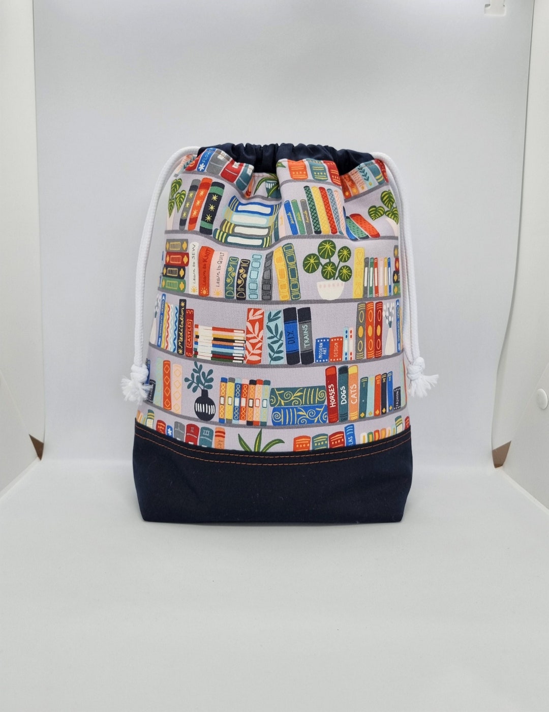 Drawstring Sample Book Books & Plants Drawstring Bag: Knitting Project, Library, Storage Pouch ...