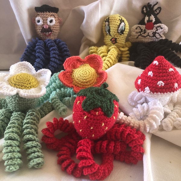 I-Les originales. Pieuvre en crochet, doudou, coton, bébé, jouet, fait-main, cadeau de naissance, décoration