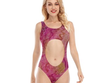 Women's Navel Back Hollow One Piece Swimsuit - Pink Mermaid Scales Print Swimsuit