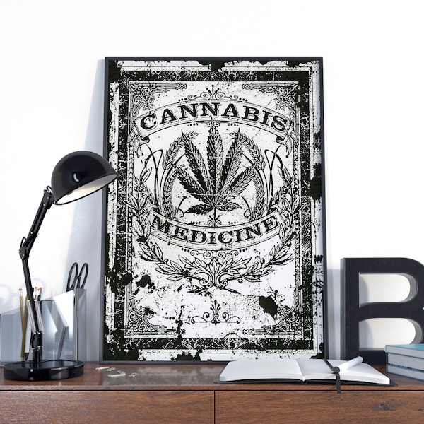 Affiche vintage de médecine du cannabis, impression d’étiquette de cannabis, impression de cannabis, art mural en pot, décoration murale de pharmacie, art du chanvre, affiche de mauvaises herbes,