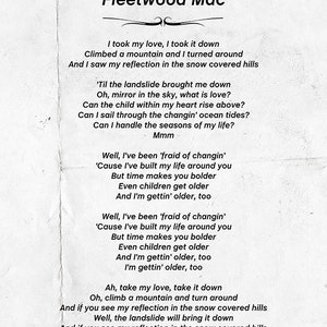 Landslide Lyrics, Fleetwood Mac, Fleetwood Mac Poster, Fleetwood Mac