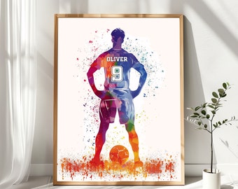 Soccer Player Boy Personelised Watercolor Print Male Football Gift Boys Room Decor Soccer Kids Personalised Customize Gift Wall