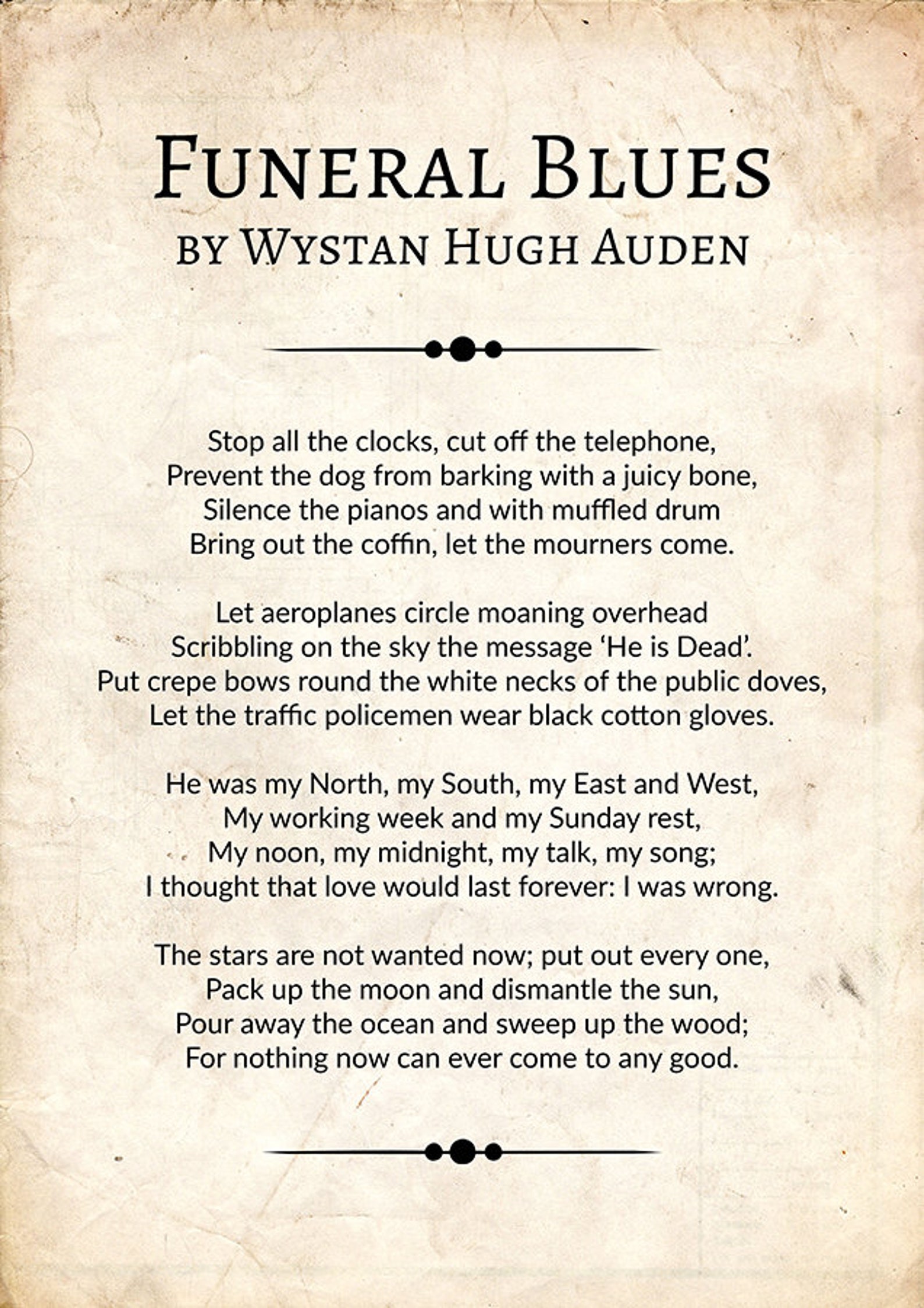 Funeral Blues de Wystan Hugh Auden Funeral Blues Poem Poster Etsy France