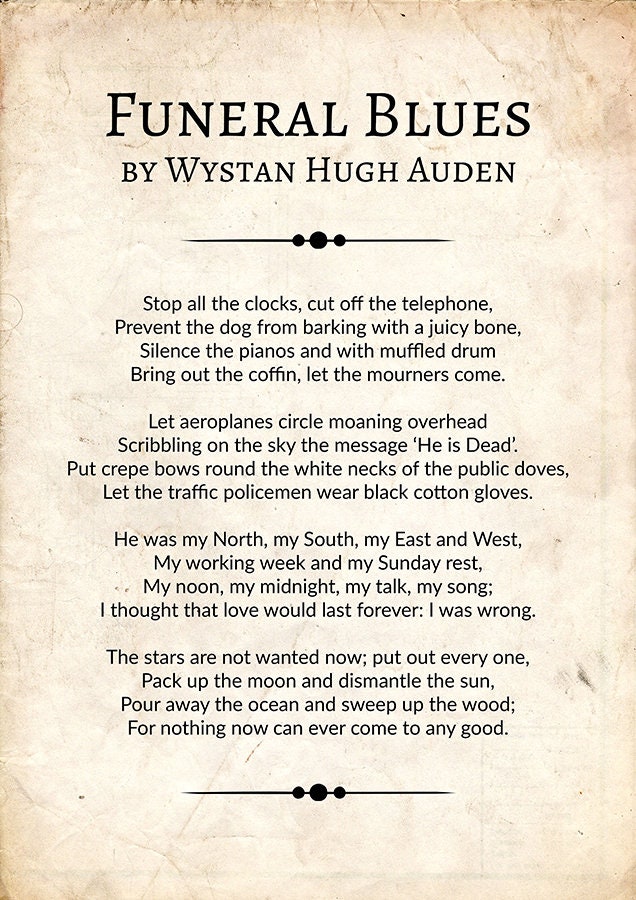 Funeral Blues by Wystan Hugh Auden Funeral Blues Poem Poster Etsy