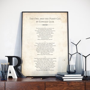 The Owl and the Pussy-Cat poem by Edward Lear, Edward Lear Poetry Wall Art, Edward Lear Poem Gift for readers, Edward Lear Poem