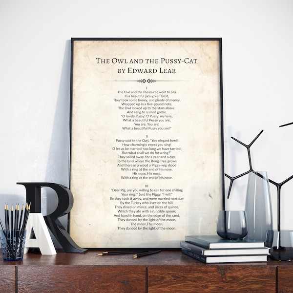 The Owl and the Pussy-Cat poem by Edward Lear, Edward Lear Poetry Wall Art, Edward Lear Poem Gift for readers, Edward Lear Poem