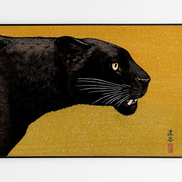 Japanische Kunst, Panther-Gemälde, Drucke, Poster, Schwarzer Panther Toshi Yoshida FINE ART PRINT, Holzschnitt-Reproduktionen, Kunst-Wohndekoration