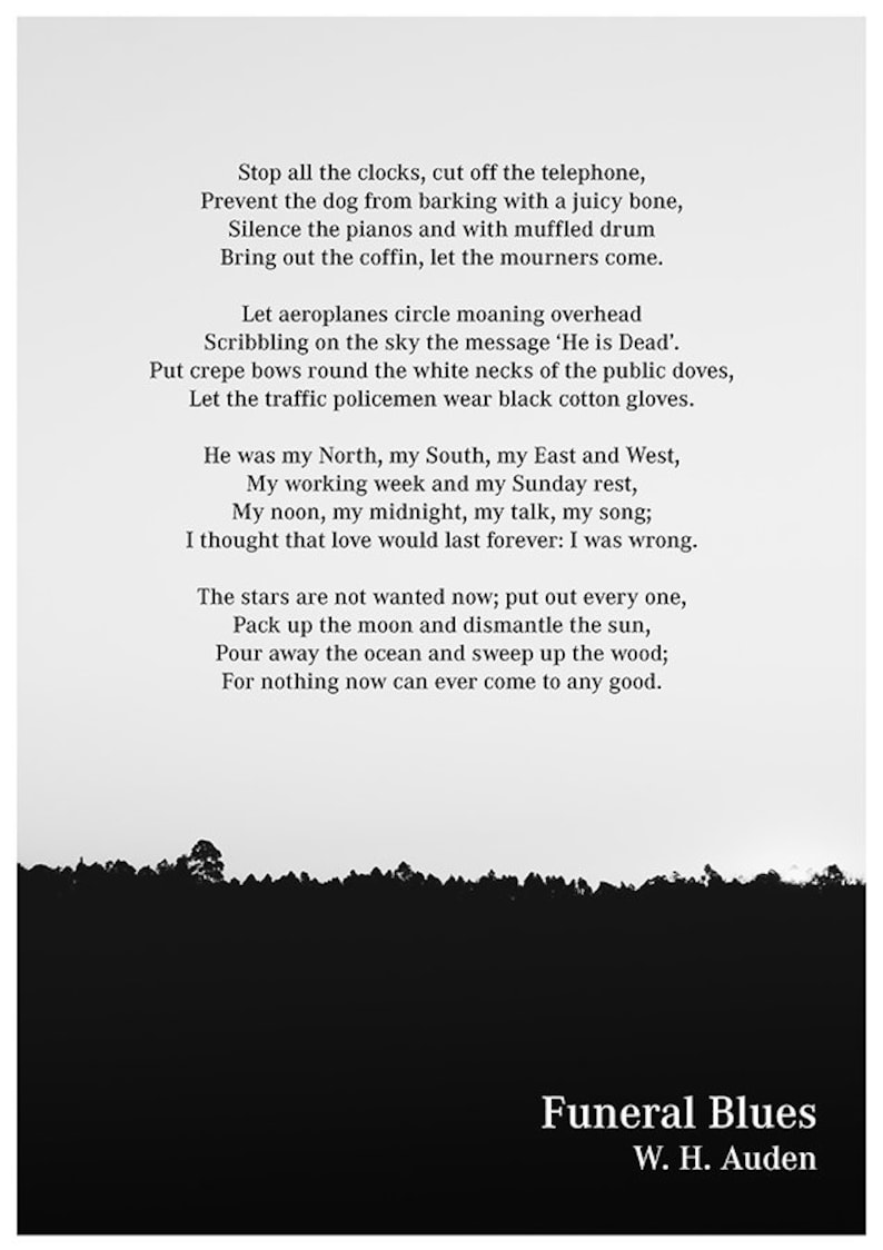 W. H. Auden Funeral Blues Wystan Hugh Auden Wystan Hugh Etsy