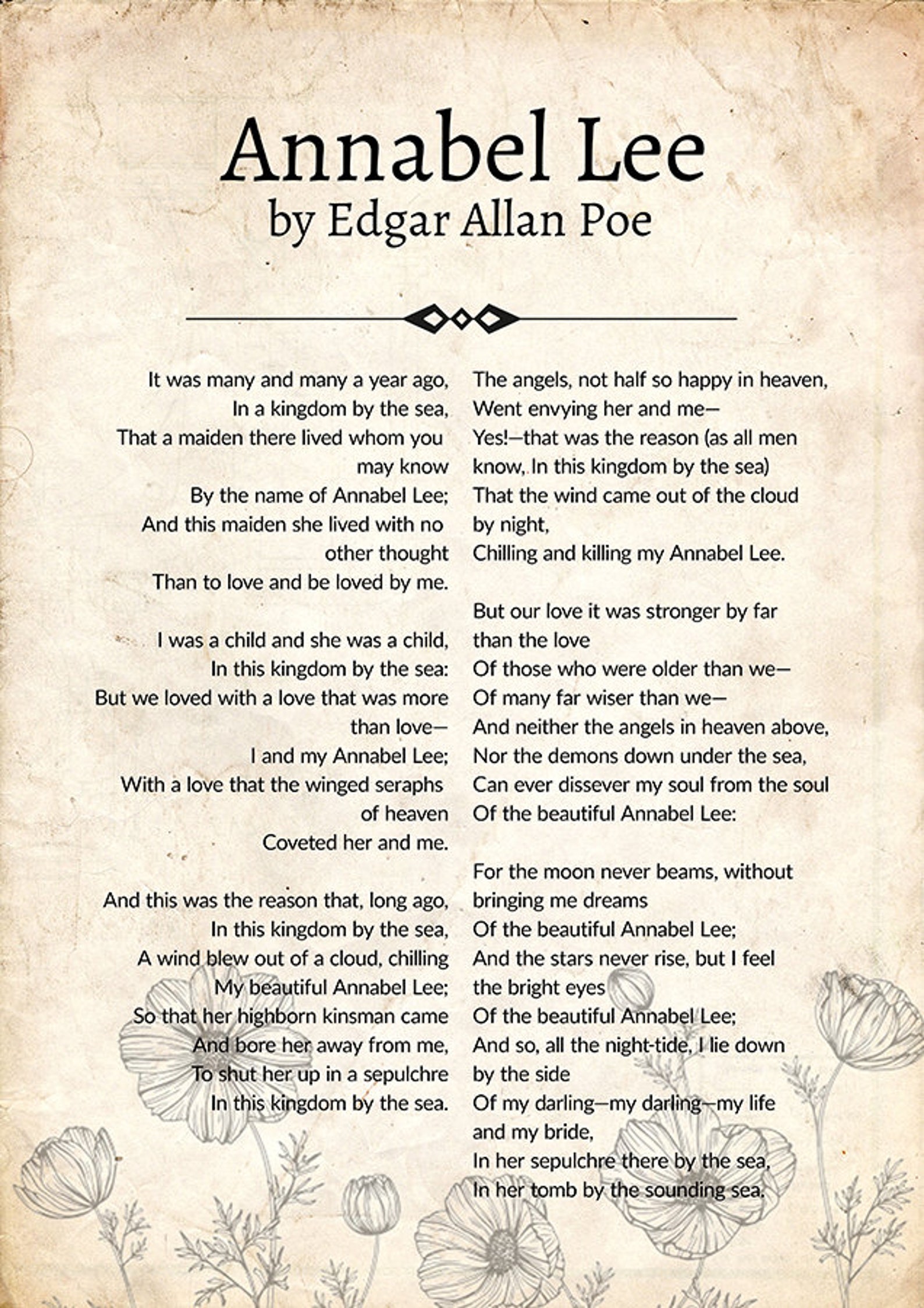 Annabel Lee By Edgard Allan Poe Edgard Allan Poe Poem Wall Etsy