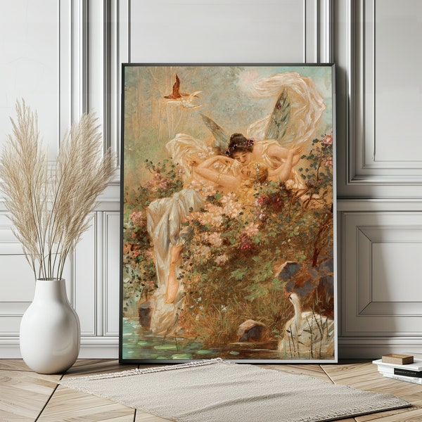 Two fairies embracing in a landscape with a swan Hans Zatzka Vintage poster Hans Zatzka Fairies Embraced Fairies poster Gift, Fairies