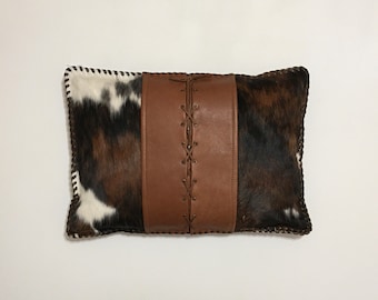 Genuine Cowhide Leather Hair on Hide Cowhide Lace-up Whisky Leather Pillow