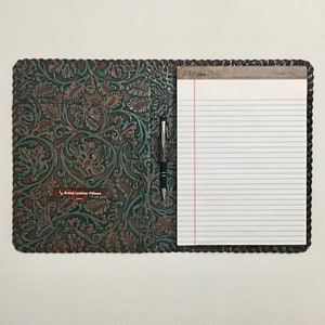 Portafolio de cuero genuino grande con bolsillo para tarjetas de visita, color turquesa y cobre