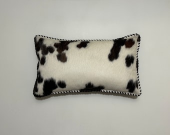 Genuine Cowhide Leather Tri-Color Hair on Hide Lumbar Pillow with West Chocolate Leather Back 12" X 20"
